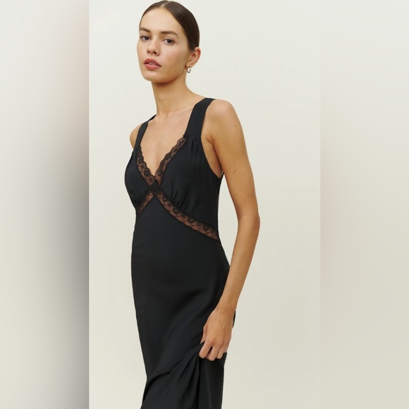 Reformation Dresses & Skirts - Reformation 100% Silk Black Lace Trim Midi Dress BNWT